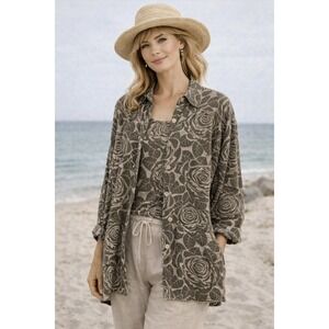 FLAX Womens Set Shirt Tank Tunic L Tan Olive Floral Rose Linen Lagenlook Coastal